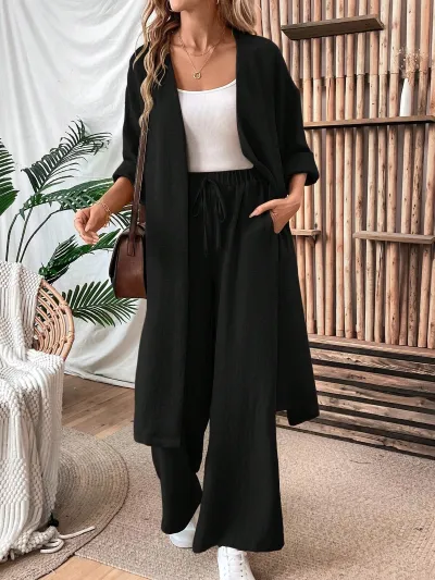 Women Fashion Casual Solid Color Long-Sleeve Loose Cardigan Top Wide Leg Pants Two-Piece Set