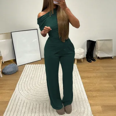 Women Fashion Casual Solid Color Short-Sleeve T-Shirt Loose Pants Two-Piece Set
