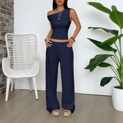 Women Fashion Casual Solid Color Slanted Shoulder Tank Top Wide-Leg Pants Two-Piece Set