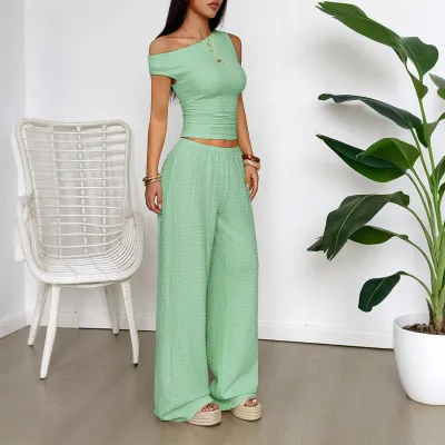 Women Fashion Casual Solid Color Slanted Shoulder Tank Top Wide-Leg Pants Two-Piece Set