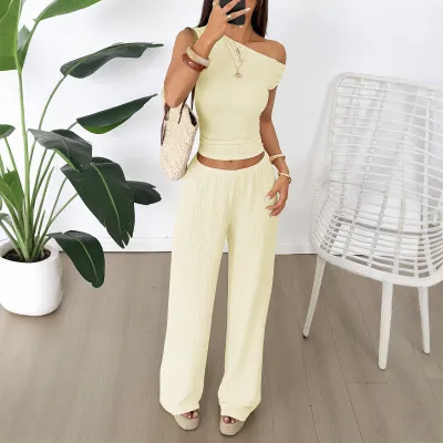 Women Fashion Casual Solid Color Slanted Shoulder Tank Top Wide-Leg Pants Two-Piece Set