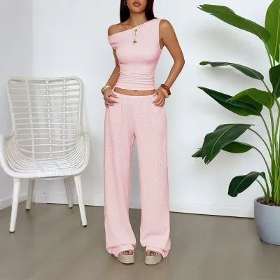 Women Fashion Casual Solid Color Slanted Shoulder Tank Top Wide-Leg Pants Two-Piece Set