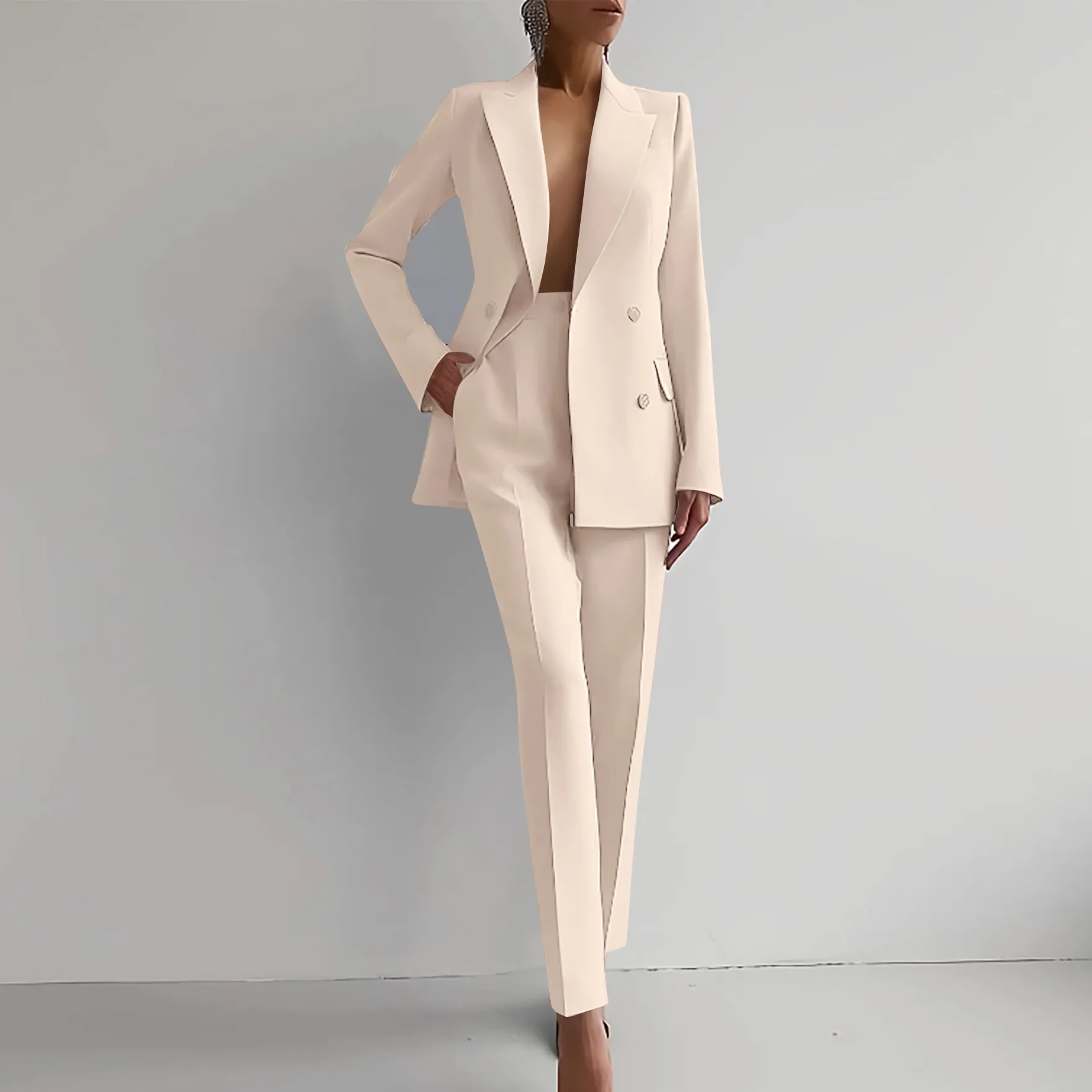 Women Fashion Casual Workwear Lapel Long-Sleeve Blazer Slim Fit Pants Two-Piece Set