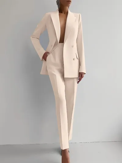 Women Fashion Casual Workwear Lapel Long-Sleeve Blazer Slim Fit Pants Two-Piece Set