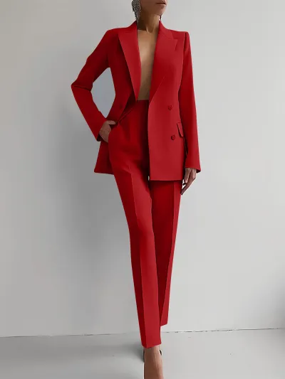 Women Fashion Casual Workwear Lapel Long-Sleeve Blazer Slim Fit Pants Two-Piece Set
