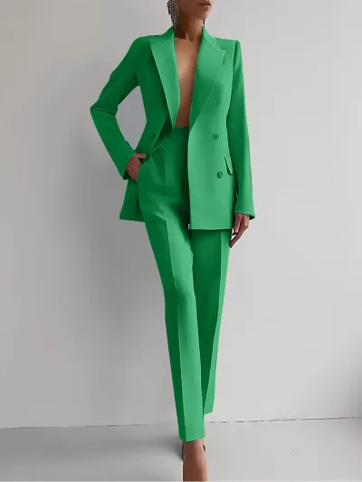 Women Fashion Casual Workwear Lapel Long-Sleeve Blazer Slim Fit Pants Two-Piece Set