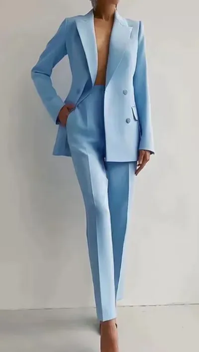 Women Fashion Casual Workwear Lapel Long-Sleeve Blazer Slim Fit Pants Two-Piece Set