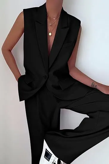 Women Fashion Casual Solid Color Workwear Sleeveless Vest Blazer Loose Pants Two-Piece Set