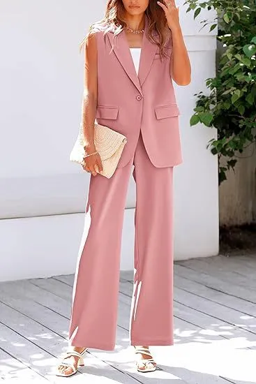 Women Fashion Casual Solid Color Workwear Sleeveless Vest Blazer Loose Pants Two-Piece Set