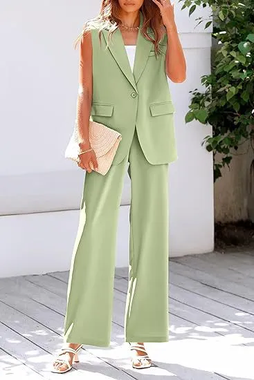 Women Fashion Casual Solid Color Workwear Sleeveless Vest Blazer Loose Pants Two-Piece Set
