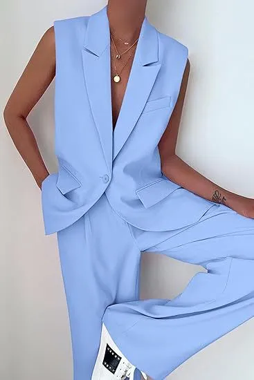 Women Fashion Casual Solid Color Workwear Sleeveless Vest Blazer Loose Pants Two-Piece Set