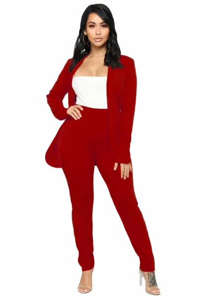 Women Fashion Casual Solid Color Workwear Lapel Long-Sleeve Blazer Slim Fit Pants Two-Piece Set