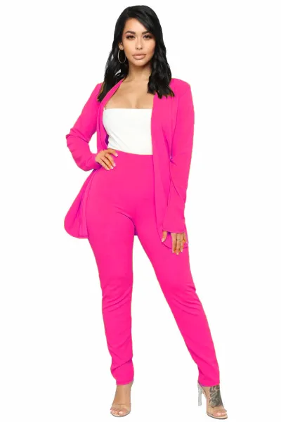 Women Fashion Casual Solid Color Workwear Lapel Long-Sleeve Blazer Slim Fit Pants Two-Piece Set