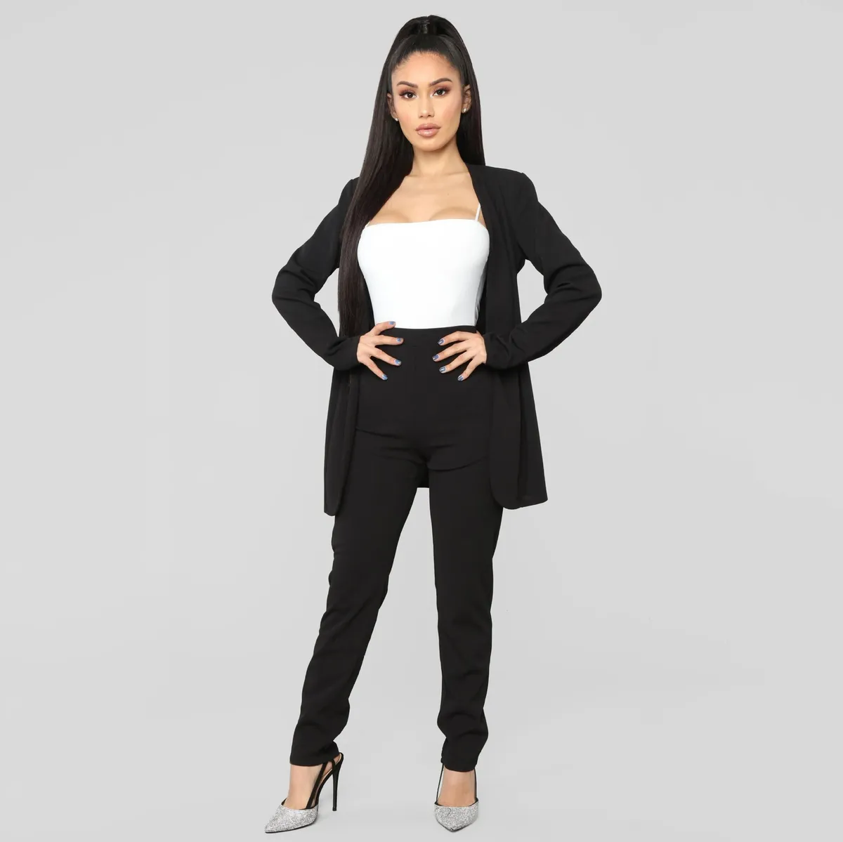 Women Fashion Casual Solid Color Workwear Lapel Long-Sleeve Blazer Slim Fit Pants Two-Piece Set