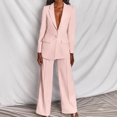 Women Fashion Casual Solid Color Workwear Lapel Long-Sleeve Blazer Loose Pants Two-Piece Set