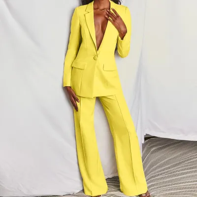 Women Fashion Casual Solid Color Workwear Lapel Long-Sleeve Blazer Loose Pants Two-Piece Set