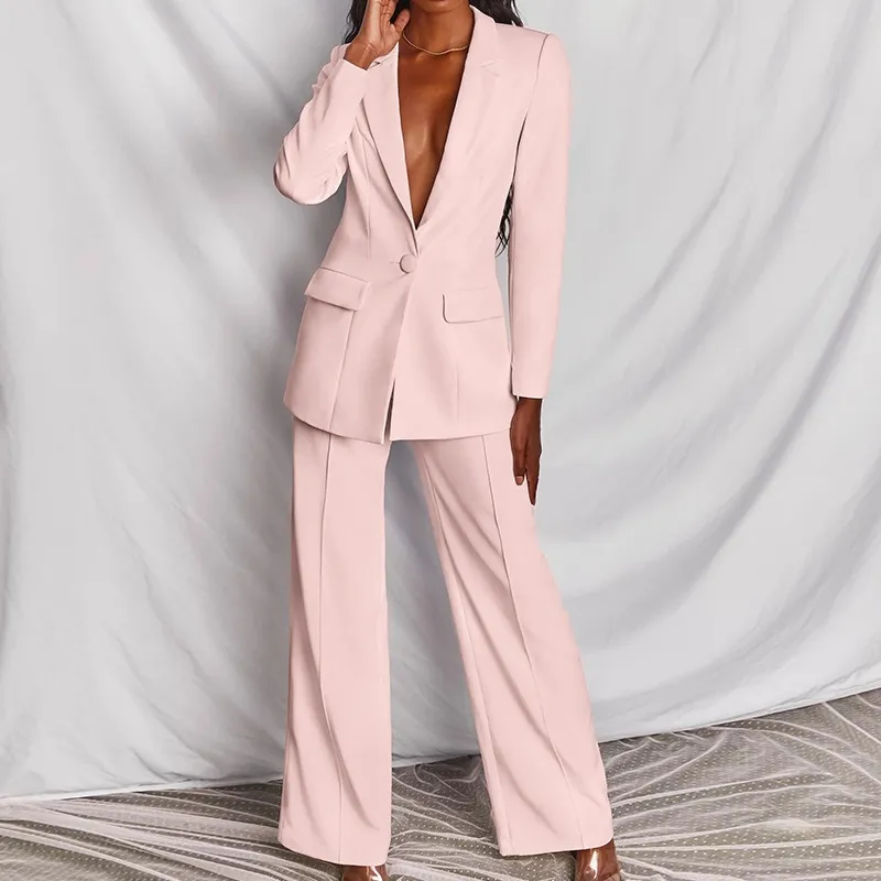 Women Fashion Casual Solid Color Workwear Lapel Long-Sleeve Blazer Loose Pants Two-Piece Set