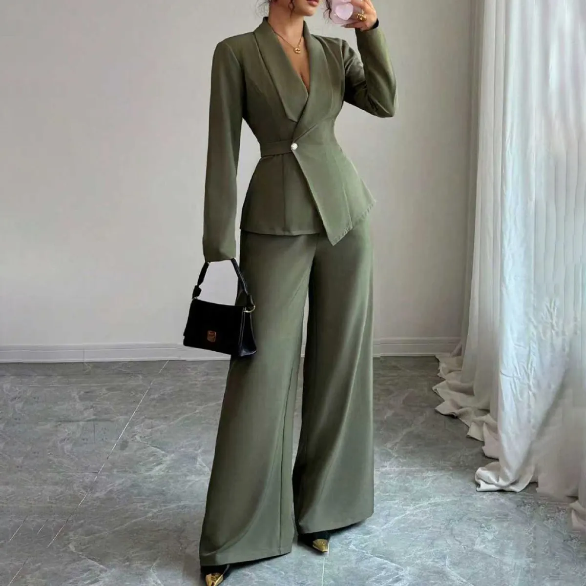 Women Fashion Casual Solid Color Workwear Lapel Long-Sleeve Blazer Loose Pants Two-Piece Set