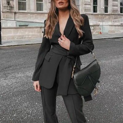 Women Fashion Casual Solid Color Workwear Lapel Long-Sleeve Lace-Up Blazer Loose Pants Two-Piece Set