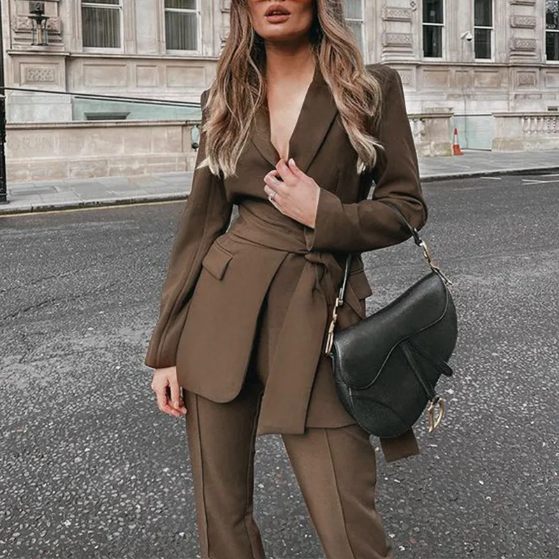 Women Fashion Casual Solid Color Workwear Lapel Long-Sleeve Lace-Up Blazer Loose Pants Two-Piece Set