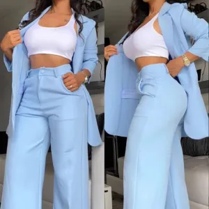 Women Fashion Casual Workwear Solid Color Lapel Long-Sleeve Blazer Straight Pants Two-Piece Set