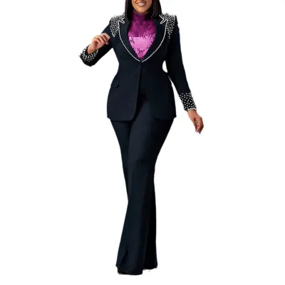 Women Fashion Casual Solid Color Workwear Pearl Decoration Lapel Long Sleeve Blazer Slim-Fit Pants Two-Piece Set