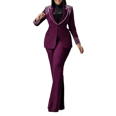 Women Fashion Casual Solid Color Workwear Pearl Decoration Lapel Long Sleeve Blazer Slim-Fit Pants Two-Piece Set
