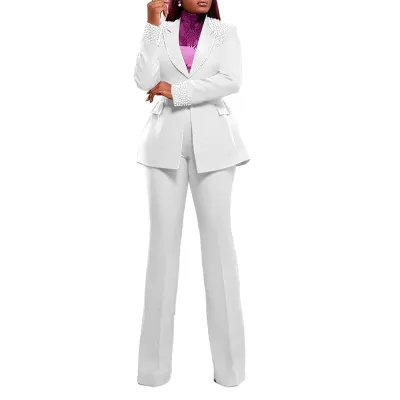 Women Fashion Casual Solid Color Workwear Pearl Decoration Lapel Long Sleeve Blazer Slim-Fit Pants Two-Piece Set