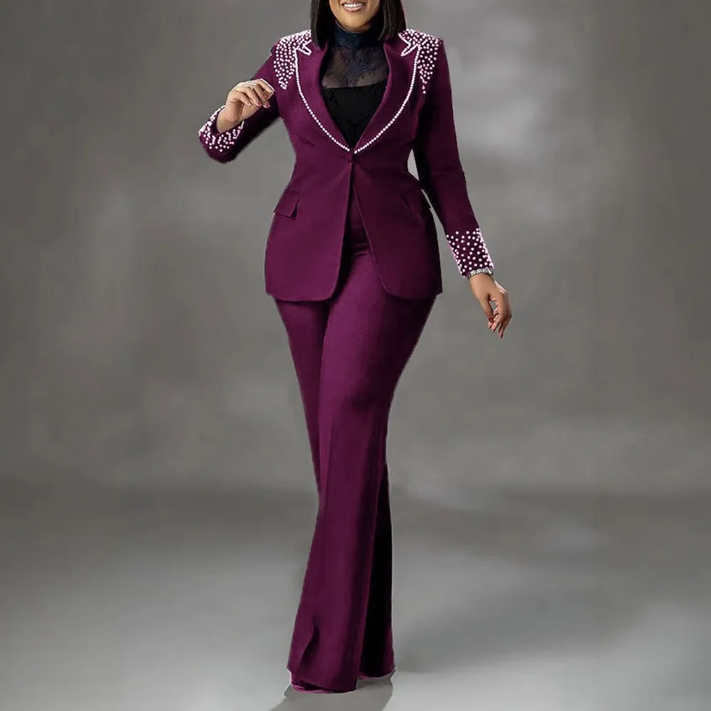 Women Fashion Casual Solid Color Workwear Pearl Decoration Lapel Long Sleeve Blazer Slim-Fit Pants Two-Piece Set