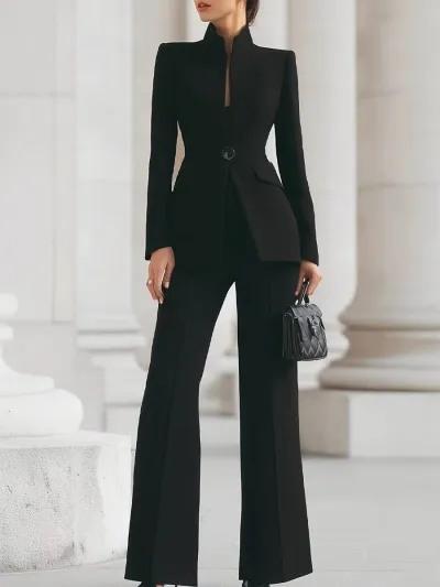 Women Fashion Casual Solid Color Workwear Long Sleeve Pocket One Button Blazer Slim Fit Pants Two-Piece Set