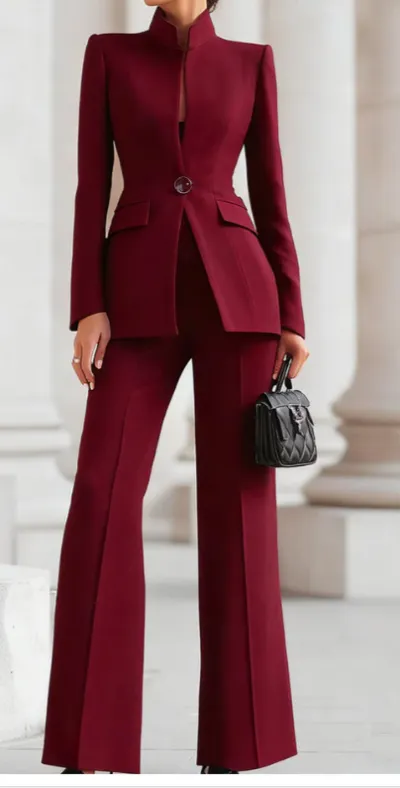 Women Fashion Casual Solid Color Workwear Long Sleeve Pocket One Button Blazer Slim Fit Pants Two-Piece Set