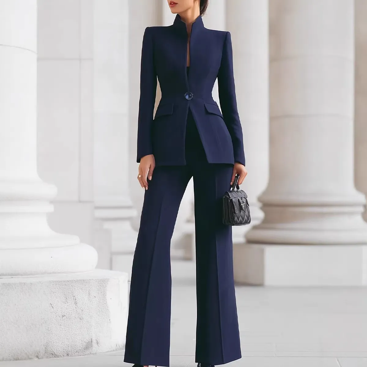 Women Fashion Casual Solid Color Workwear Long Sleeve Pocket One Button Blazer Slim Fit Pants Two-Piece Set