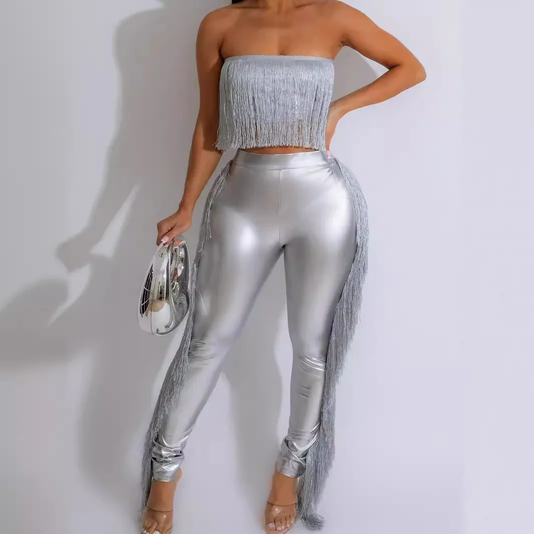 Women Fashion Sexy Motorcycle Style Solid Color Pu Leather Tassel Tube Top High Waist Tight Pants Two-Piece Set