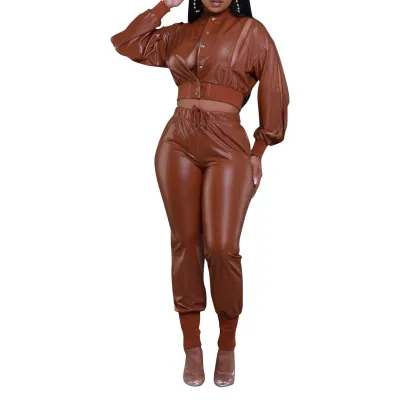 Women Fashion Sexy Motorcycle Style Solid Color Pu Leather Hollow Long-Sleeve Jacket Tight Pants Two-Piece Set