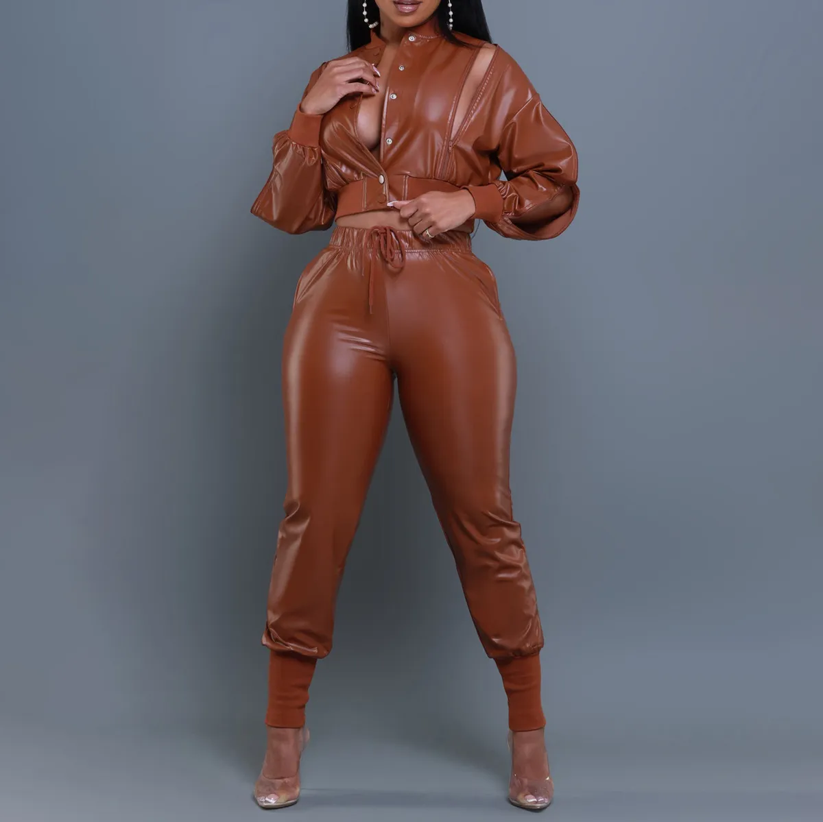 Women Fashion Sexy Motorcycle Style Solid Color Pu Leather Hollow Long-Sleeve Jacket Tight Pants Two-Piece Set