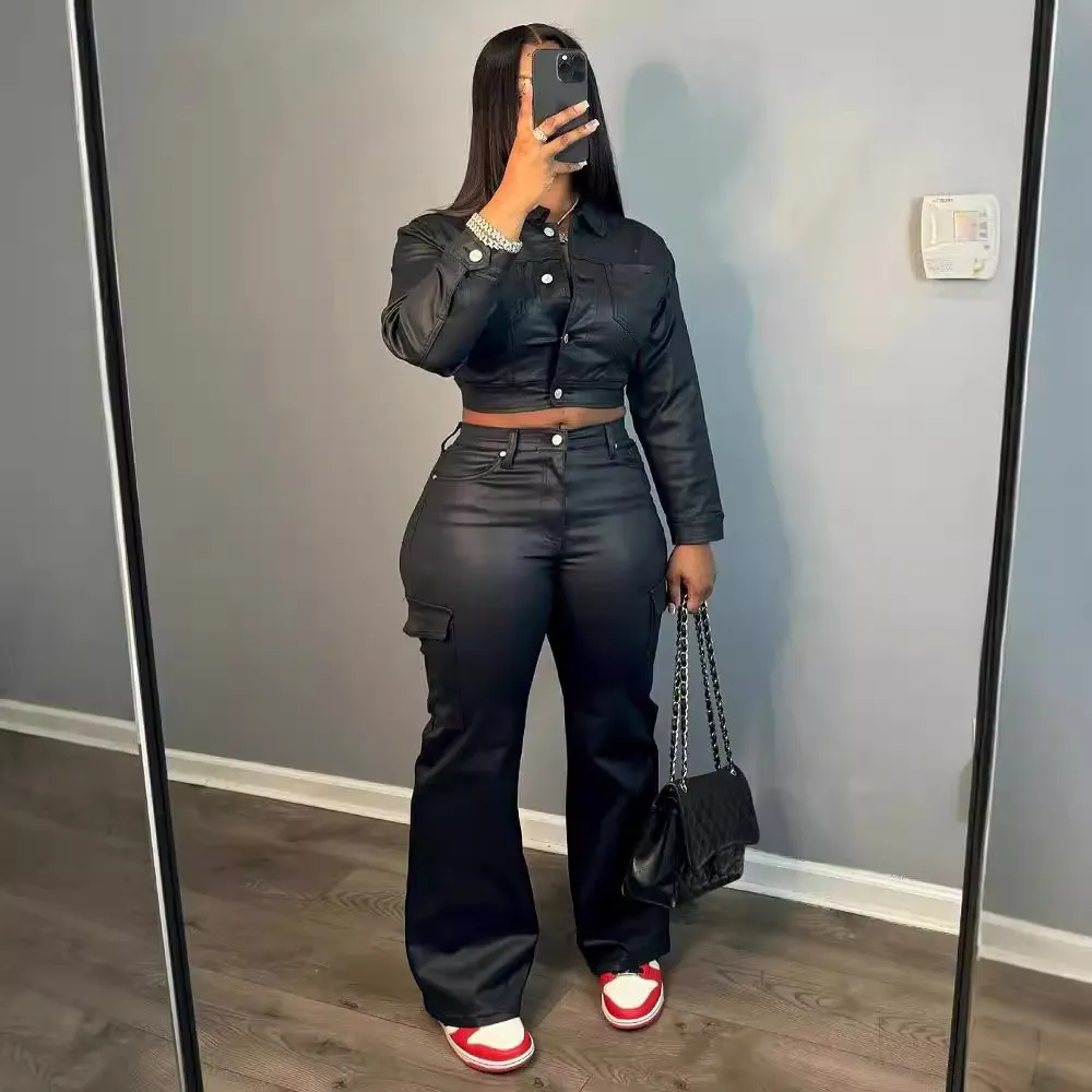 Women Fashion Casual Motorcycle Style Leather Long-Sleeve Jacket Flared Pants Two-Piece Set