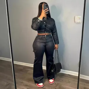 Women Fashion Casual Motorcycle Style Leather Long-Sleeve Jacket Flared Pants Two-Piece Set