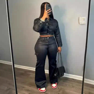 Women Fashion Casual Motorcycle Style Leather Long-Sleeve Jacket Flared Pants Two-Piece Set