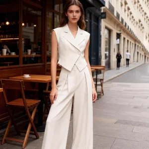 Women Fashion Casual Solid Color Lapel Sleeveless Vest Loose Pants Two-Piece Set