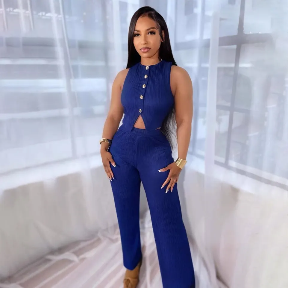 Women Fashion Casual Solid Color Slim-Fit Vest High Waist Wide-Leg Pants Two-Piece Set