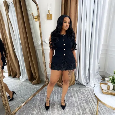 Women Fashion Sexy Solid Color Sleeveless Vest Stereo Floral Mini Skirt Two-Piece Set
