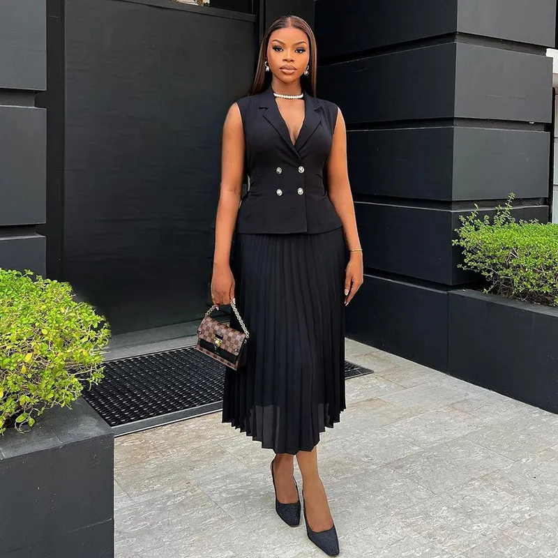Women Fashion Elegant Solid Color Double-Breasted Vest Pleated Maxi Skirt Workwear Two-Piece Set