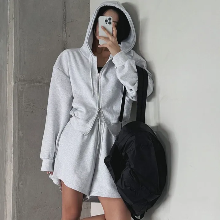 Women Fashion Casual Solid Color Cotton Long-Sleeve Hoodies Loose Shorts Two-Piece Set