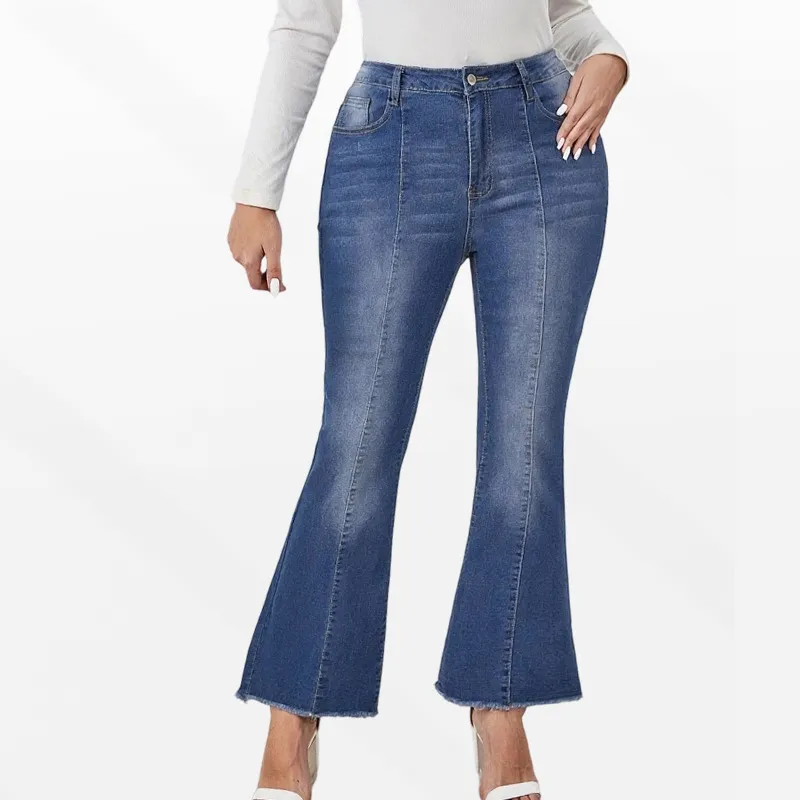 Women Fashion Casual Plus Size High Waist Wash Bootcut Jeans