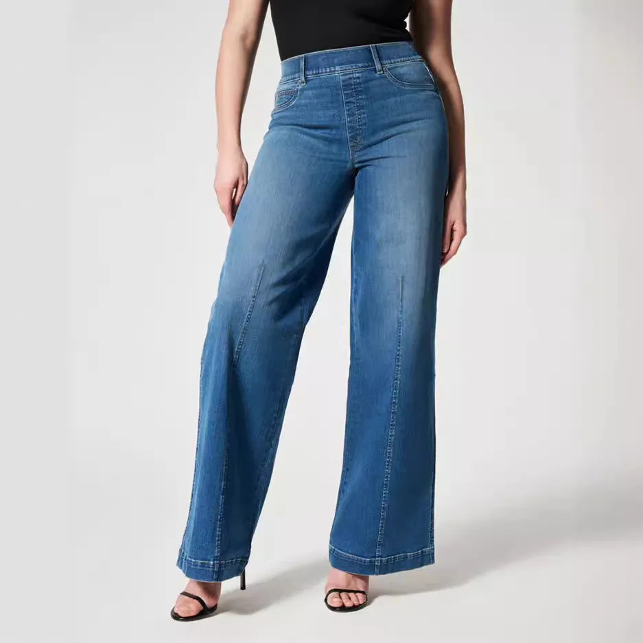 Women Fashion Casual Plus Size Mid-Waist High Elastic Straight Jeans