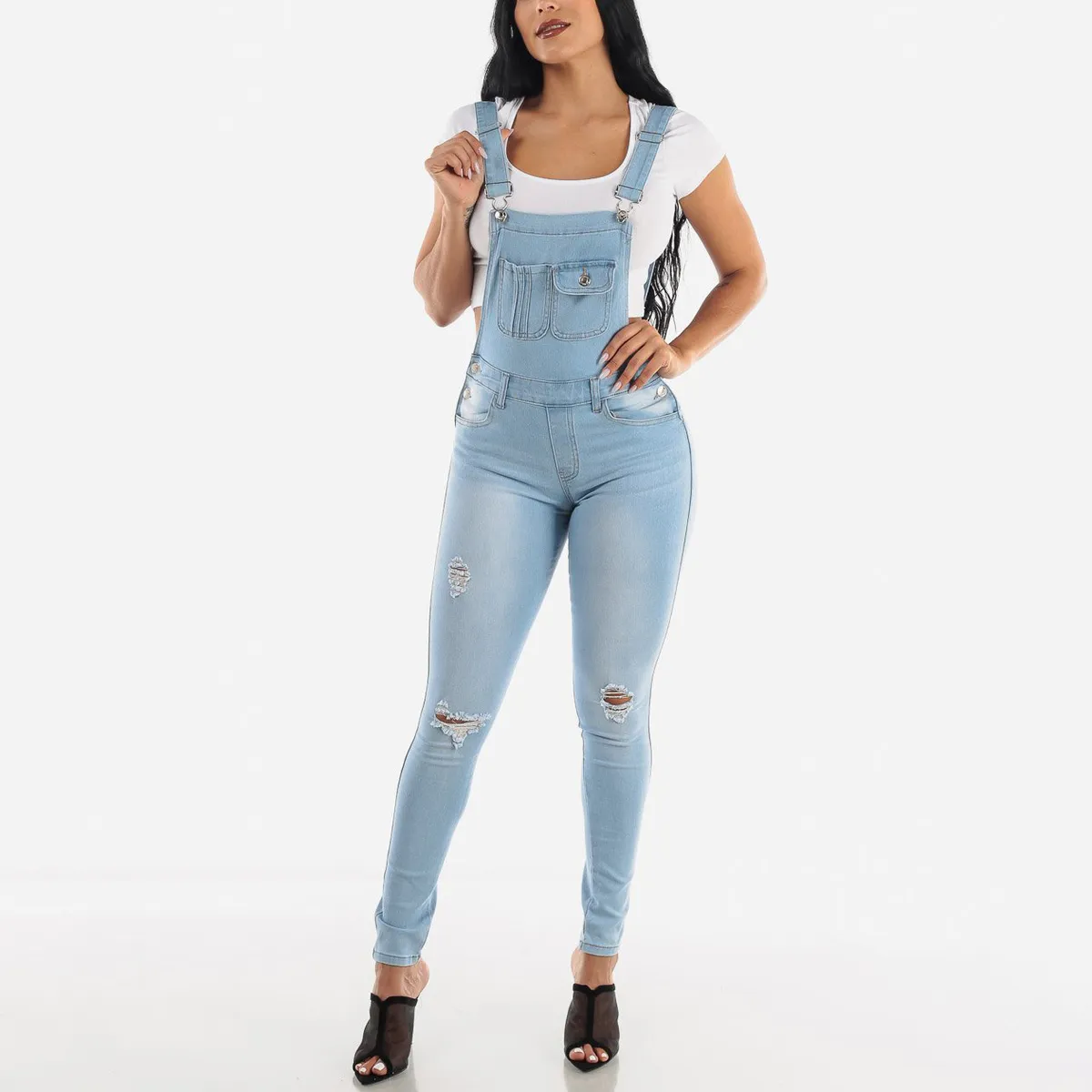 Women Fashion Casual Ripped Tight Denim Overalls