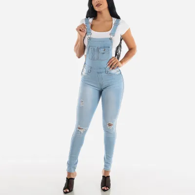 Women Fashion Casual Ripped Tight Denim Overalls