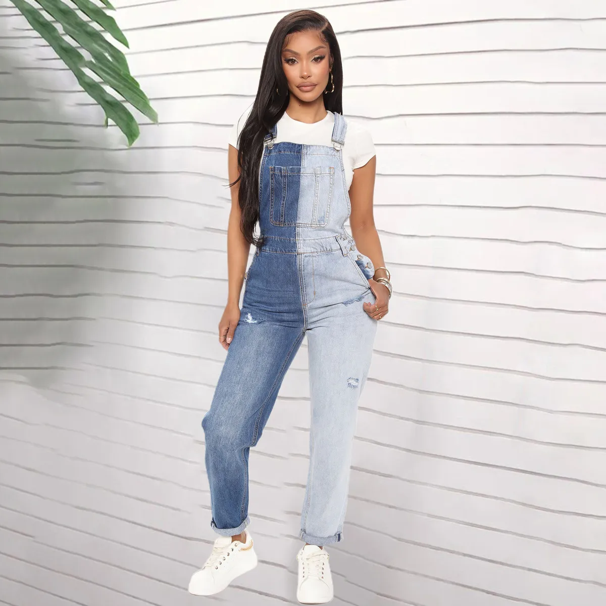 Women Fashion Casual Color Block Slim Fit Denim Overalls