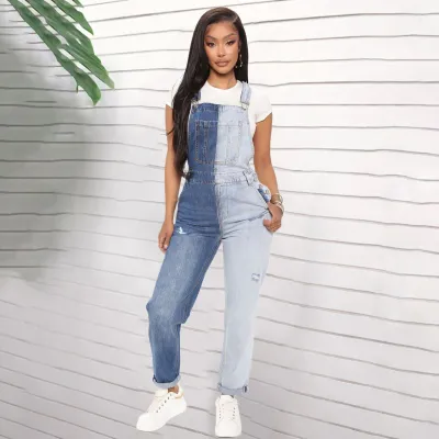 Women Fashion Casual Color Block Slim Fit Denim Overalls