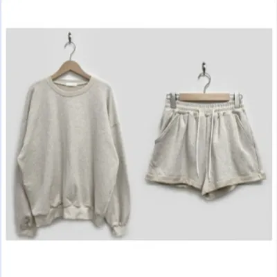 Women Fashion Casual Solid Color Long Sleeve Sweatshirt Loose Shorts Two-Piece Set